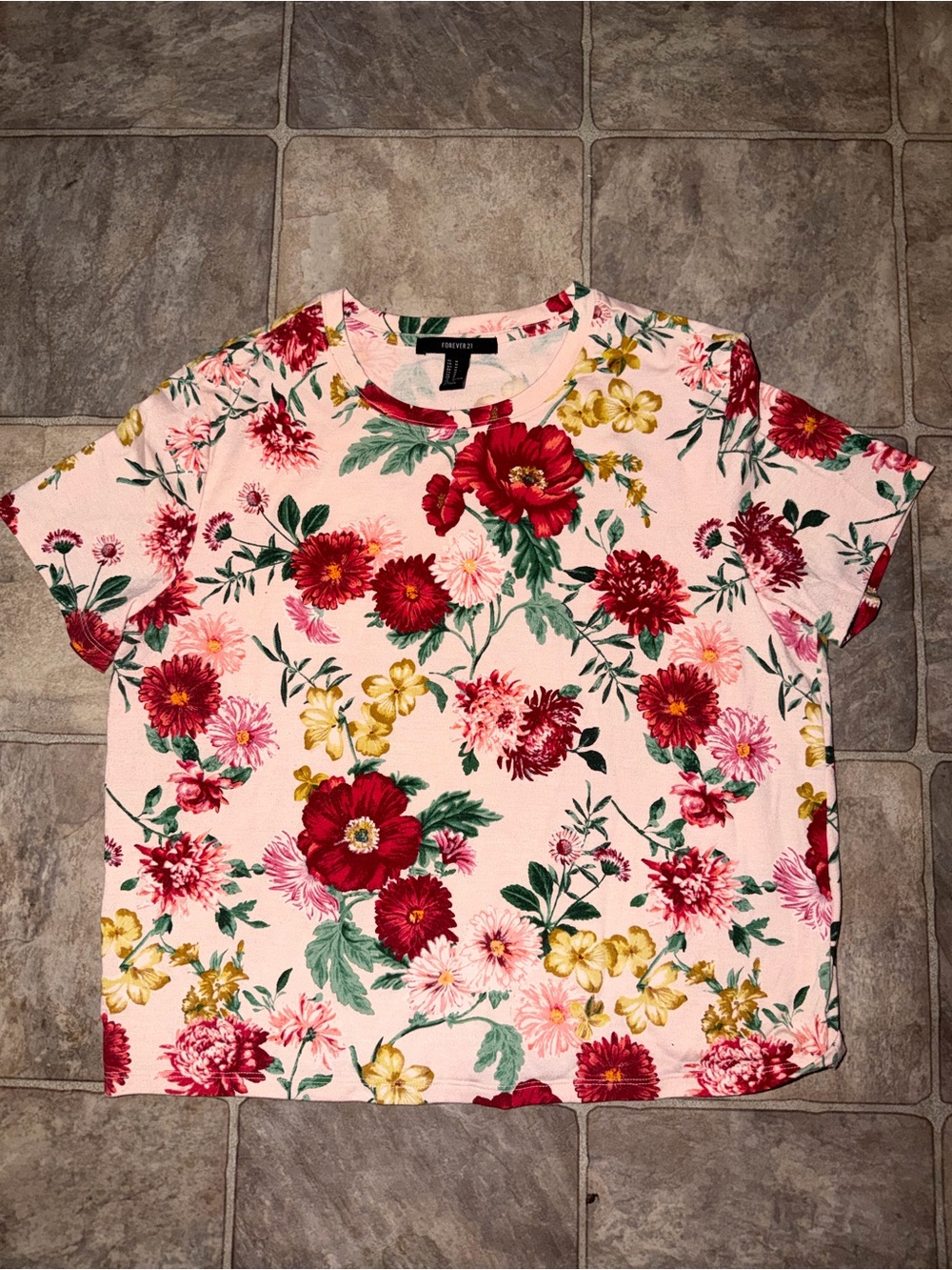 Forever 21 Pink Floral Short Sleeve Tee with Red & Yellow Blooms